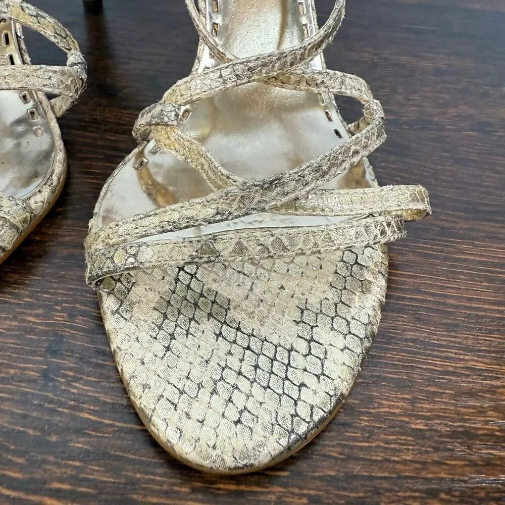 Gianni Bini Women’s gold leather snake Print 3” straps heel Sphere size 8.5